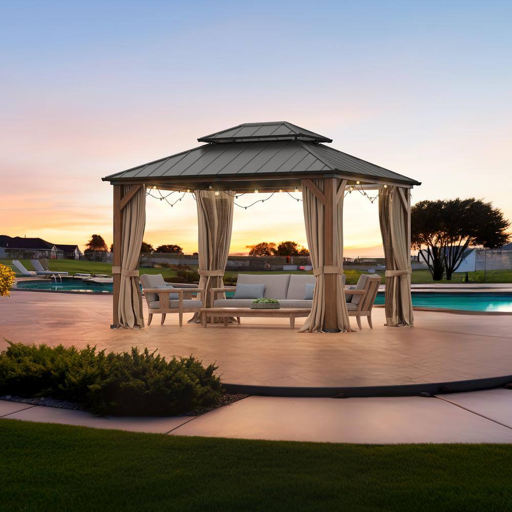 Brown Aluminum Hardtop Gazebo with Curtains and Netting, 10'x12'