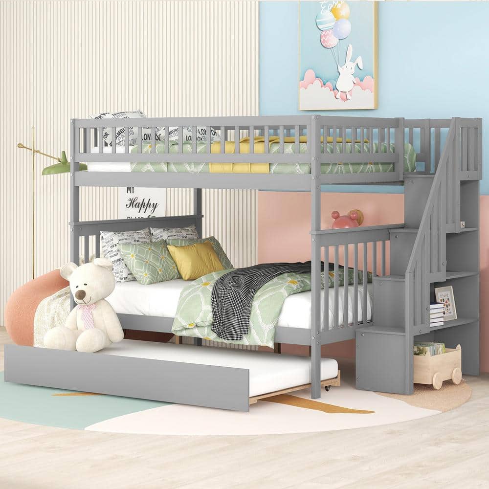 URTR Full Over Full Bunk Beds with Trundle and Stairs,Detachable Wood ...