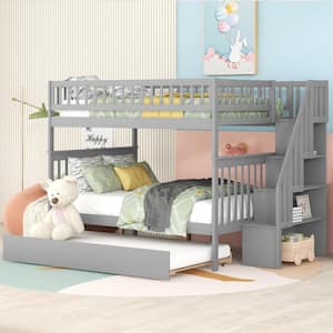 Full Over Full Bunk Beds with Trundle and Stairs,Detachable Wood Bunk bed Frame with Storage Shelves for Kids Teens,Gray