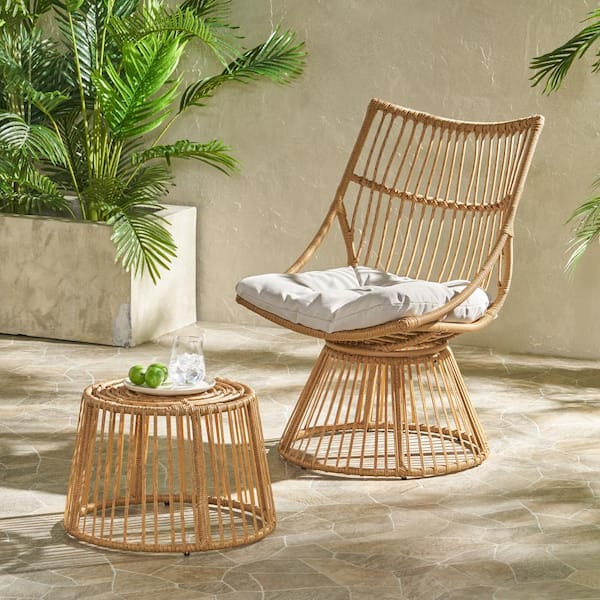 Unbranded Wicker Outdoor Patio Light Brown Lounge Chair and Side Table with Beige Cushion to Embrace The Warm Rays of The Sun