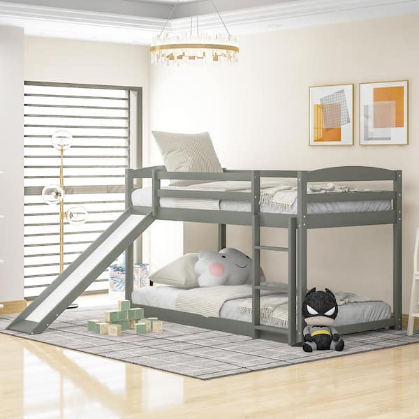 Polibi Modern Twin Over Twin Bunk Bed with Convertible Slide and Ladder, Gray
