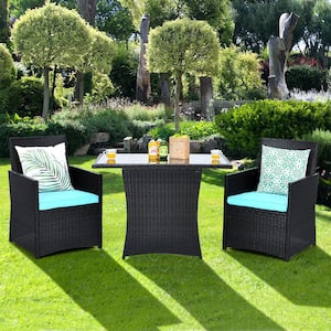 3-Pieces Wicker Patio Conversation Set Space-Saving Furniture Set with Tempered Glass Top Table and Turquoise Cushions