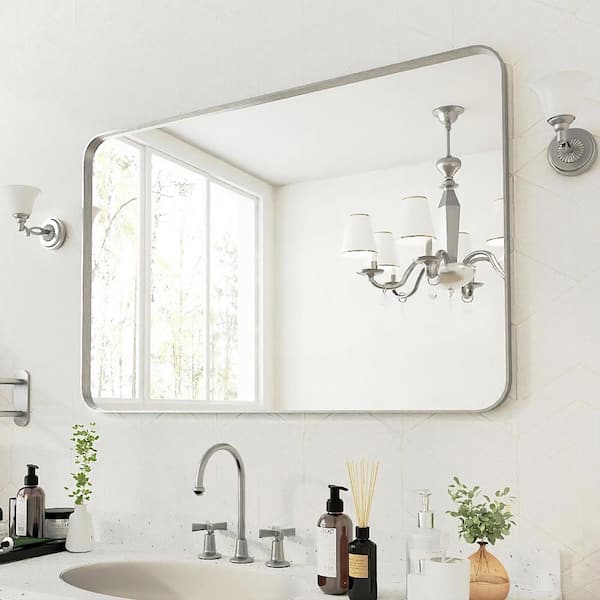 48 in. W x 32 in. H Rectangular Aluminum Framed Wall Bathroom Vanity Mirror in Silver
