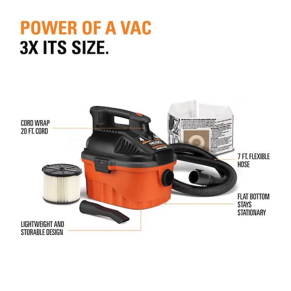 RIDGID - 4 Gal. 5.0-Peak HP Portable Wet/Dry Shop Vacuum with Filter, Dust Bag, Locking Hose and Car Nozzle