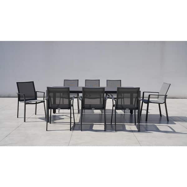 BELLINI HOME AND GARDENS Waldorf Dark Gray 9-Piece Aluminum Outdoor Dining Set with Sling Set in Pewter