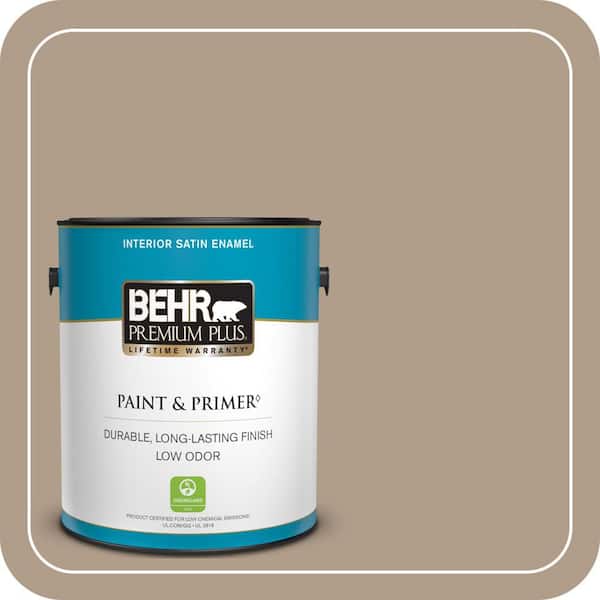 BEHR PREMIUM PLUS 1 gal. #BNC-14 Over the Taupe Satin Enamel Low Odor Interior Paint & Primer