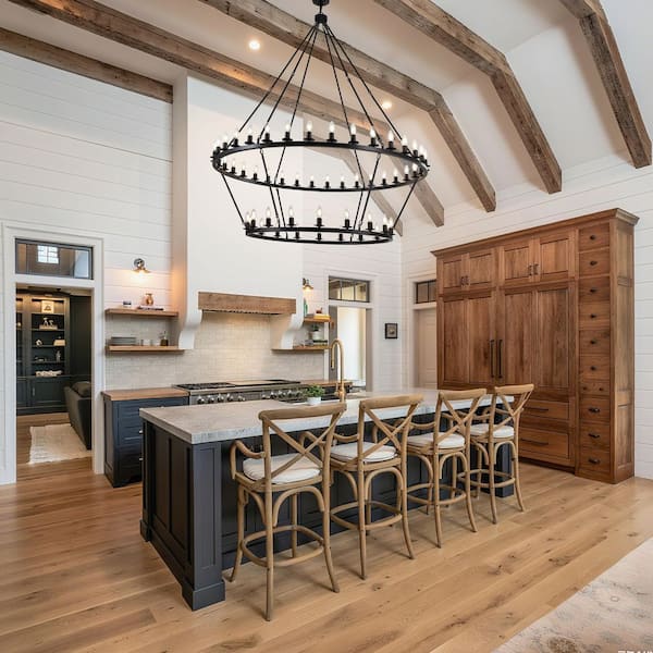 60 in. 54-Light Matte Black Industrial 2-Tier Wagon Wheel Chandelier Large Farmhouse Round Chandelier