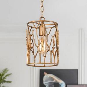 Vintage Gold Drum Brass Pendant, 1-Light Cylinder Bedside Hanging Light, Decorative Chandelier for Dining Room Entryway