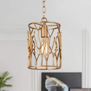 Vintage Gold Drum Brass Pendant, 1-Light Cylinder Bedside Hanging Light, Decorative Chandelier for Dining Room Entryway