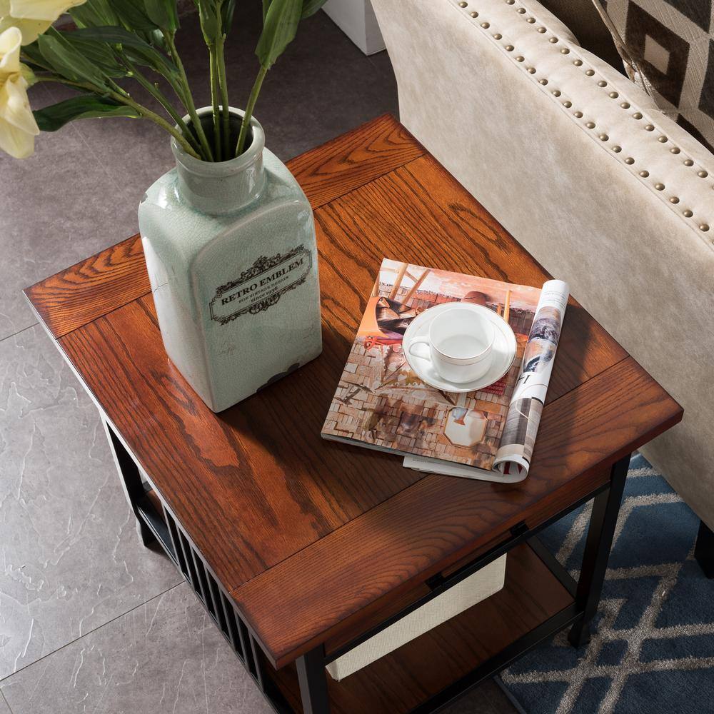 Ironcraft Mission Oak & Matte Black Wood End Table with Drawer