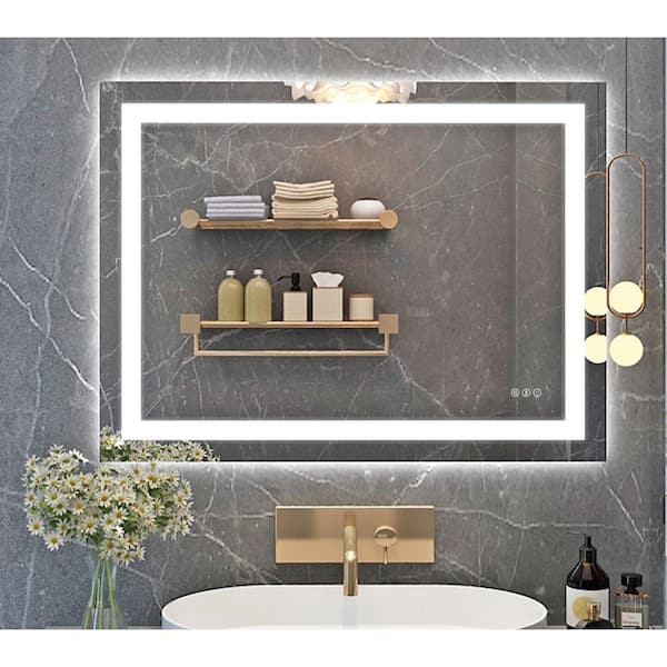 Hpeytaire 32 in. W x 24 in. H Small Rectangular Frameless LED Light Dimmable Anti-Fog wall mount Bathroom Vanity Mirror