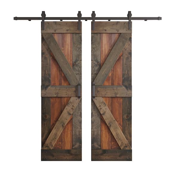 K Series 60 in. x 84 in. Dark Walnut/Aged Barrel Knotty Pine Wood Double Sliding Barn Door with Hardware Kit