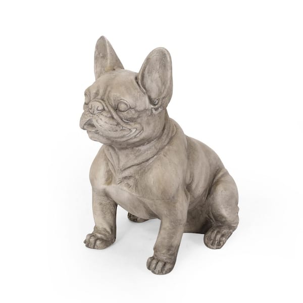 1-Piece 9.50 in. W x 16 in. D x 17 in. H Gray Glass Dog Garden Statues, Outdoor French Bulldog Garden Statue for Patio