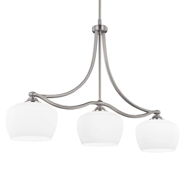 Generation Lighting Vintner 3-Light Uplight Transitional Linear Hanging Chandelier in Satin Nickel with Etched Glass Shades