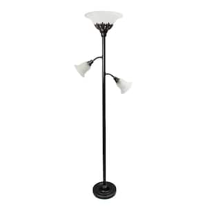 71 in. Restoration Bronze Torchiere Floor Lamp with 2 Reading Lights and White Scalloped Glass Shades