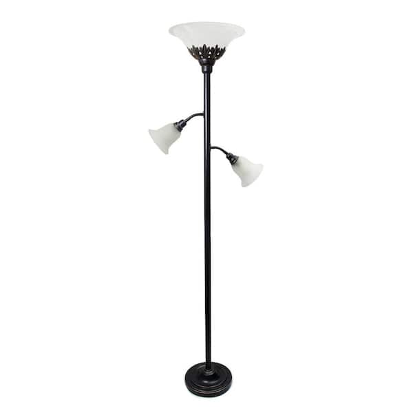 Lalia Home 71 in. Restoration Bronze Torchiere Floor Lamp with 2 Reading Lights and White Scalloped Glass Shades
