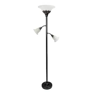 71 in. White glass shades with Restoration Bronze Finish 3-Light Torchiere Floor Lamp with Scalloped Glass Shades