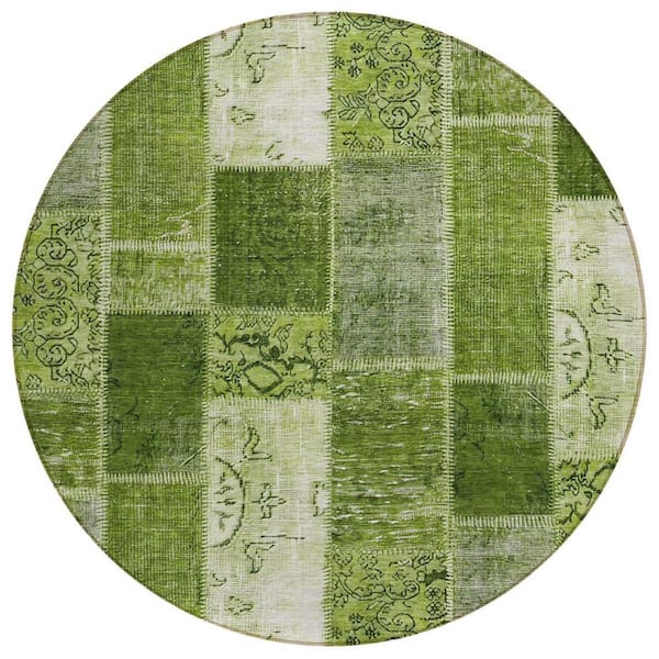 Olive Green, Artichoke Green 8 ft. Round Woven Plaid Polyester Round Indoor/Outdoor Area Rug