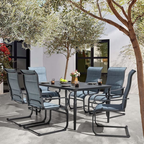 Black 7-Piece Metal Padded Textilene Rectangle Outdoor Dining Set with Umbrella Hole, Ergonomic Design, C-Spring Motion