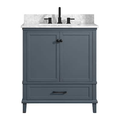 Merryfield 31 in. W x 22 in. D Bath Vanity in Dark Blue-Gray with Marble Vanity Top in Carrara White with White Basin