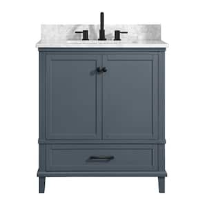 Merryfield 31 in. Single Sink Freestanding Dark Blue-Grey Bath Vanity with White Carrara Marble Top (Assembled)