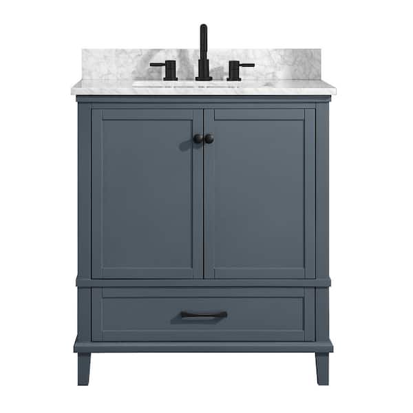 Merryfield 31 in. Single Sink Dark Blue-Grey Bath Vanity with White Carrara Marble Top (Assembled)