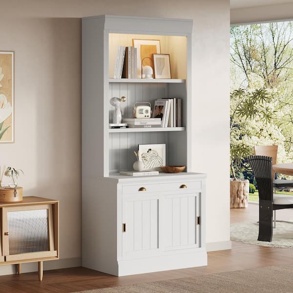 83.4 in. Tall White Wood 3-Shelf Standard Bookcase with Drawer, Sliding Doors and LED Light
