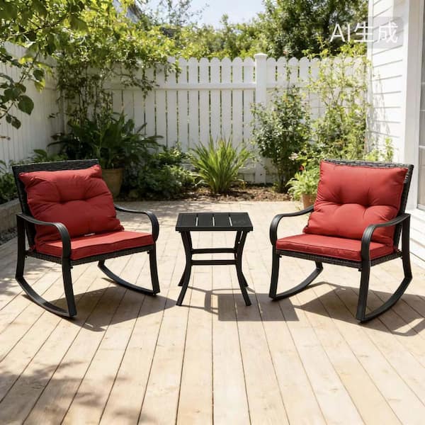 Metal frame Outdoor Rocking Chair set of 3 with red Cushions and coffee table