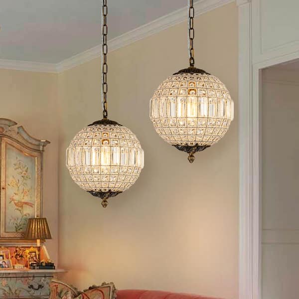 Allenglade 11.8 in. 1-Light Unique Antique Brass Globe Pendant Retro Chandelier with Crystal Accents