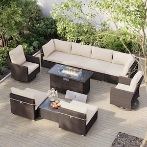 10-Piece Brown Wicker Patio Fire Pit Conversation Set with Swivel Chairs, Beige Cushions
