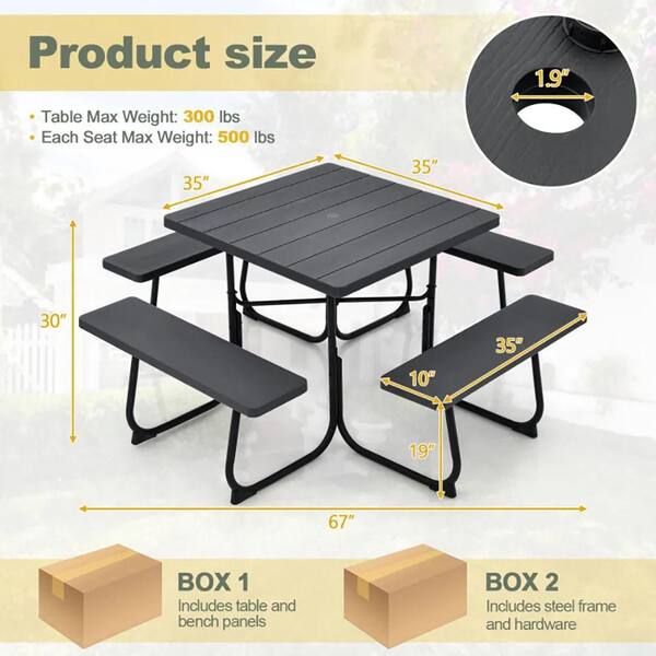 67 in. Black Square High-Quality HDPE Cast Iron Picnic Table Seats