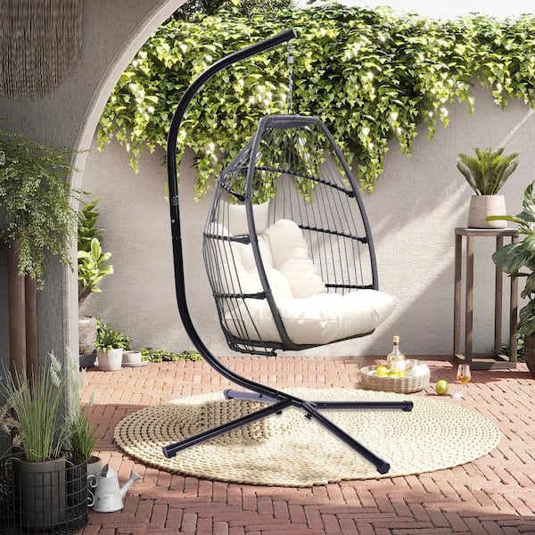 Satico 76 in. Egg Shape Bracket Outdoor Patio Wicker Rattan Steel Swing Chair with Light Beige Cushion and Pillow
