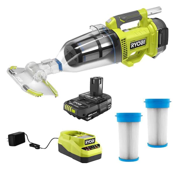 RYOBI ONE+ 18V Handheld Cordless Pool Vacuum Cleaner Kit with 2.0 Ah Battery and Charger and Replacement Filters (2-Pack)