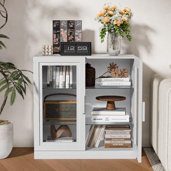 White Wooden 31 in. H Storage Cabinet with Glass Door Accent Cabinet