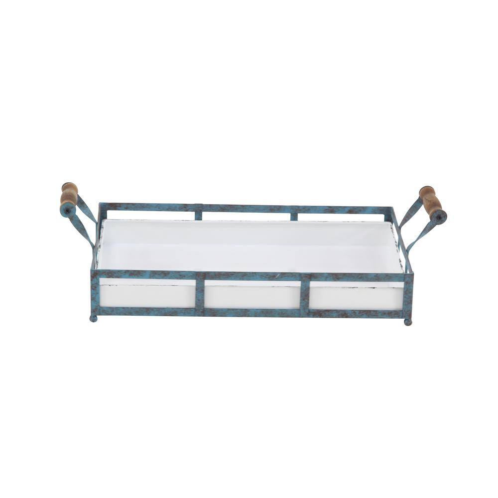 Distressed Blue and White Metal Farmhouse Rectangular Tray Set