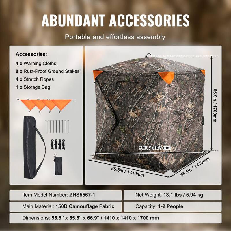 Hunting Blind, 270-Degree See Through Ground Blind, 1-2 Person Pop Up Deer Blind for Hunting with Carrying Bag, Portable