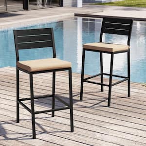 Metal Outdoor Bar Stool with Cushion in Beige 2-Piece