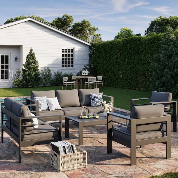 Poteban 5-Piece Oversized Aluminum Patio Conversation Set with 5 in. Dark Gray Cushions