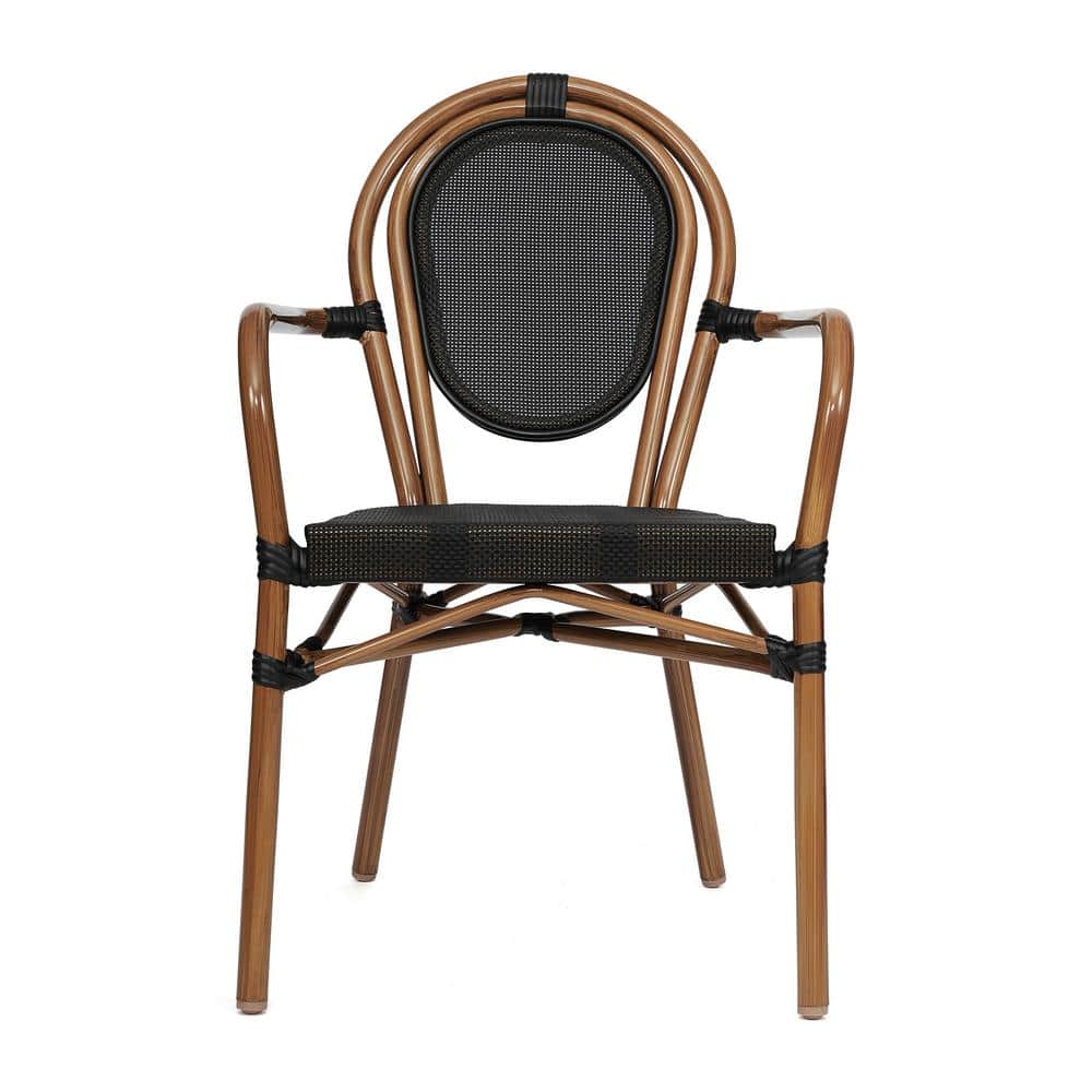 Front view of a brown aluminum outdoor dining chair with a black seat and back.