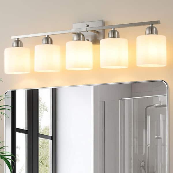 32 in. 5-Light Chrome Modern Bathroom Vanity Light Fixture with Milky White Frosted Glass Shades