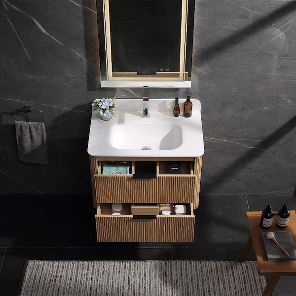 Wenlorin 30 in. Single Sink Floating Oak Bath Vanity with White Acrylic Top Pre-Assembled