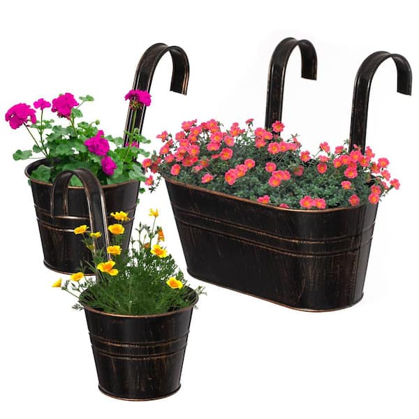 (Set of 3) Metal Hanging Railing Planters with Detachable Hooks Decorative Outdoor Set for Balcony Patio Deck or Fence