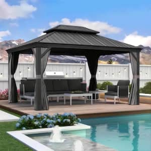 11 ft. x 14 ft. Gray Aluminum Hardtop Gazebo Canopy for Patio Deck Backyard Heavy-Duty with Netting and Upgrade Curtains