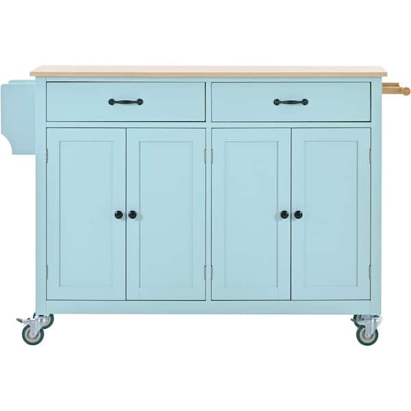 Oasis Green Wood 54.33 in. Kitchen Island with Solid Wood Top and Locking Wheels, 4-Door Cabinet and 2-Drawers