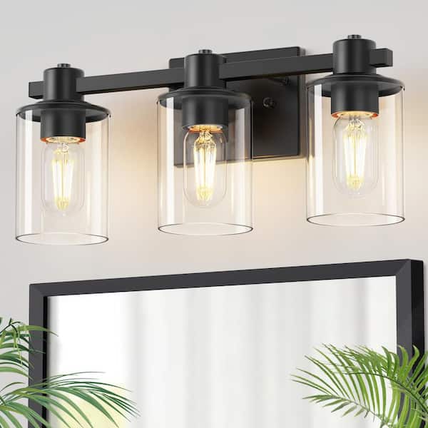 20 in. 3 Light Bathroom Vanity Light, Matte Black Fixtures with Clear Glass Shade, Modern Bathroom Lights Over Mirror