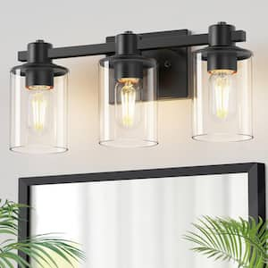 20 in. 3 Light Bathroom Vanity Light, Matte Black Fixtures with Clear Glass Shade, Modern Bathroom Lights Over Mirror