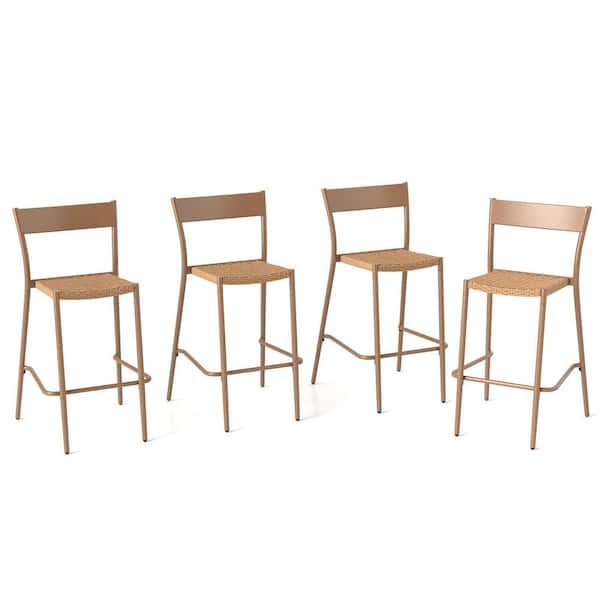 ANGELES HOME Metal Patio Outdoor Bar Stool with Rattan Seat and Metal Backrest Set of 4
