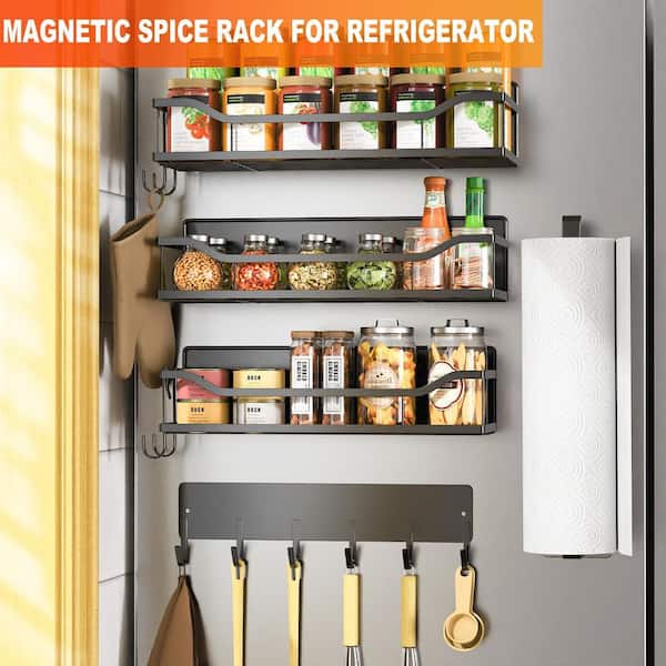 5-Pack Black Multifunctional Magnetic Shelves for Refrigerator Spice Rack Washing Machine Organize, Include Towel Holder