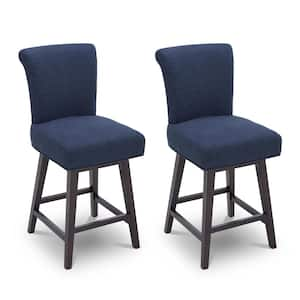 Dennis 26 in. Midnight Blue High Back Solid Wood Frame Swivel Counter Height Bar Stool with Fabric Seat(Set of 2)