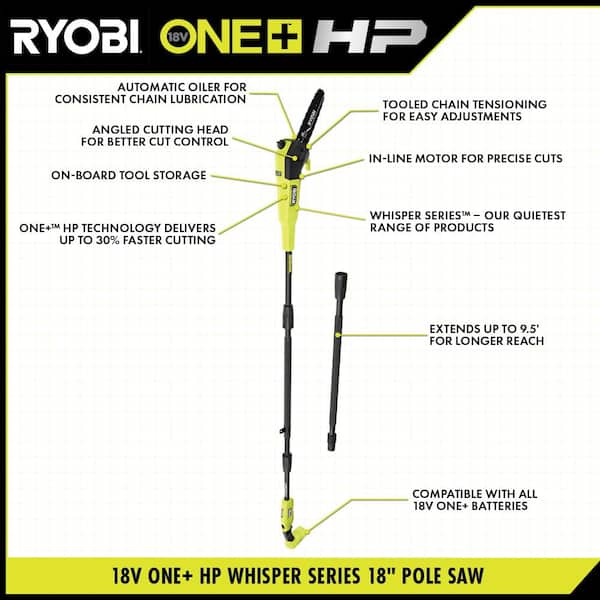 RYOBI P2580-CMB1 ONE+ HP 18V Brushless Whisper Series 8 in. Cordless Pole Saw with Extra Chain, Bar and Chain Oil, Battery, and Charger - 3